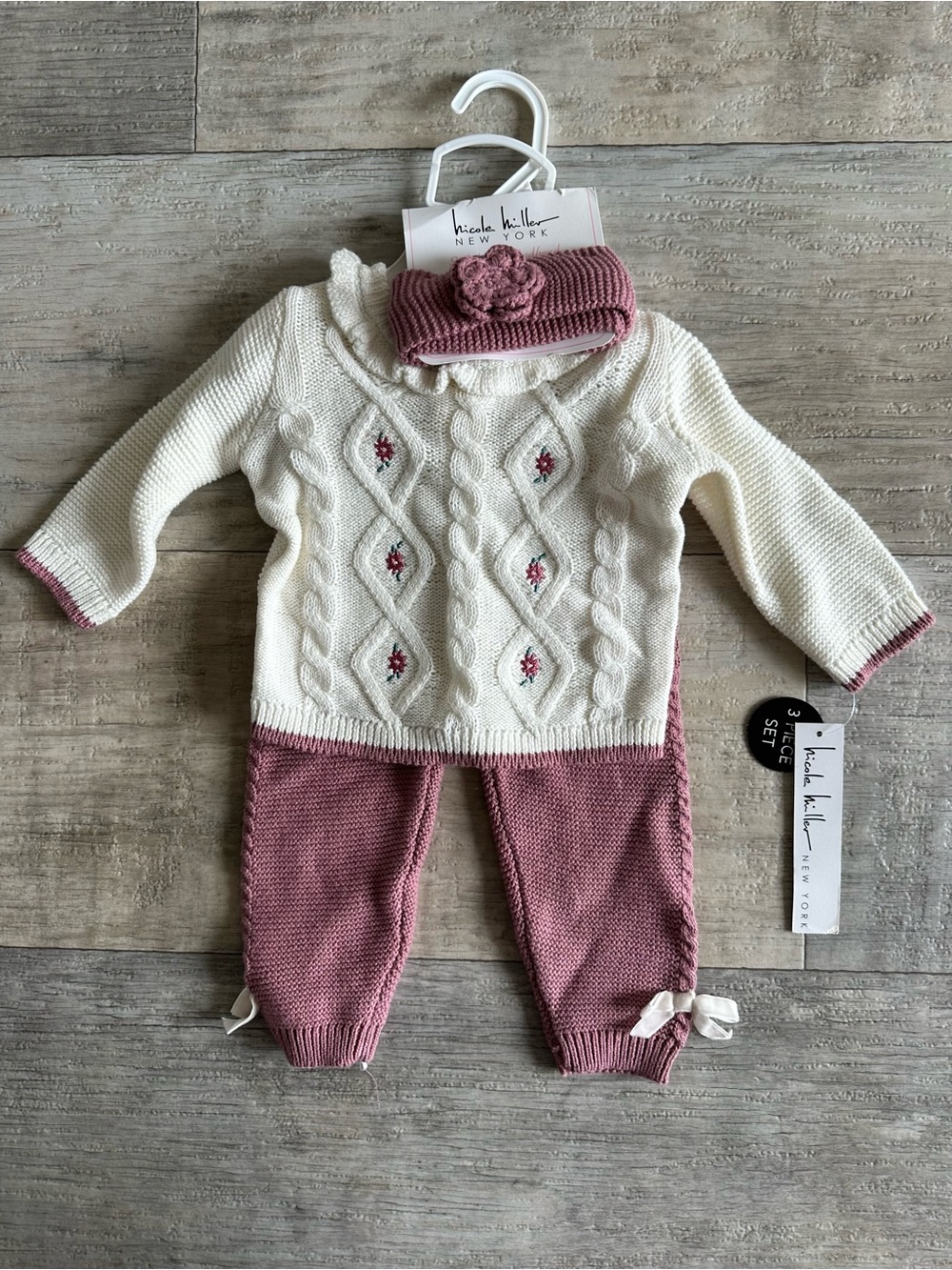 NWT Nicole Miller Girls 3pc Sweater Set Cream/Rose 3-6M